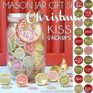 CHRISTMAS NATIVITY Chocolate KISS Mason Jar Gift Set with Tag & Topper, Names of the Savior Printable Kiss Stickers Instant Download image 1