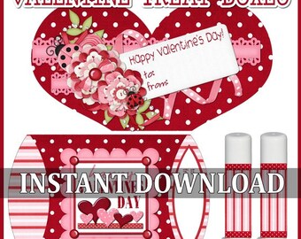 Valentine Pillow Box, Heart Basket Template, Lip Balm Labels - Printable INSTANT DOWNLOAD