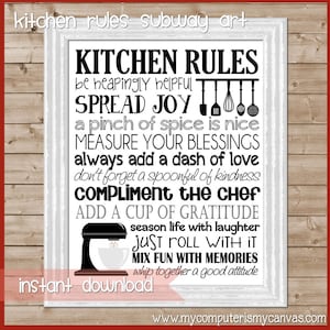 Kitchen Rules Subway Art, Kitchen Wall Art, Kitchen Decor, Baking Art, Kitchen Aid, Family Motto, Family Rules - Printable Instant Download