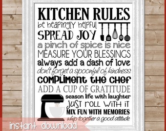 Kitchen Rules Subway Art, Kitchen Wall Art, Kitchen Decor, Baking Art, Kitchen Aid, Family Motto, Family Rules - Printable Instant Download