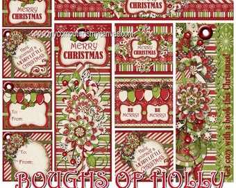 E Christmas Lip Balm, Favors, Tags & Labels Boughs of Holly Bundle - Printable INSTANT DOWNLOAD