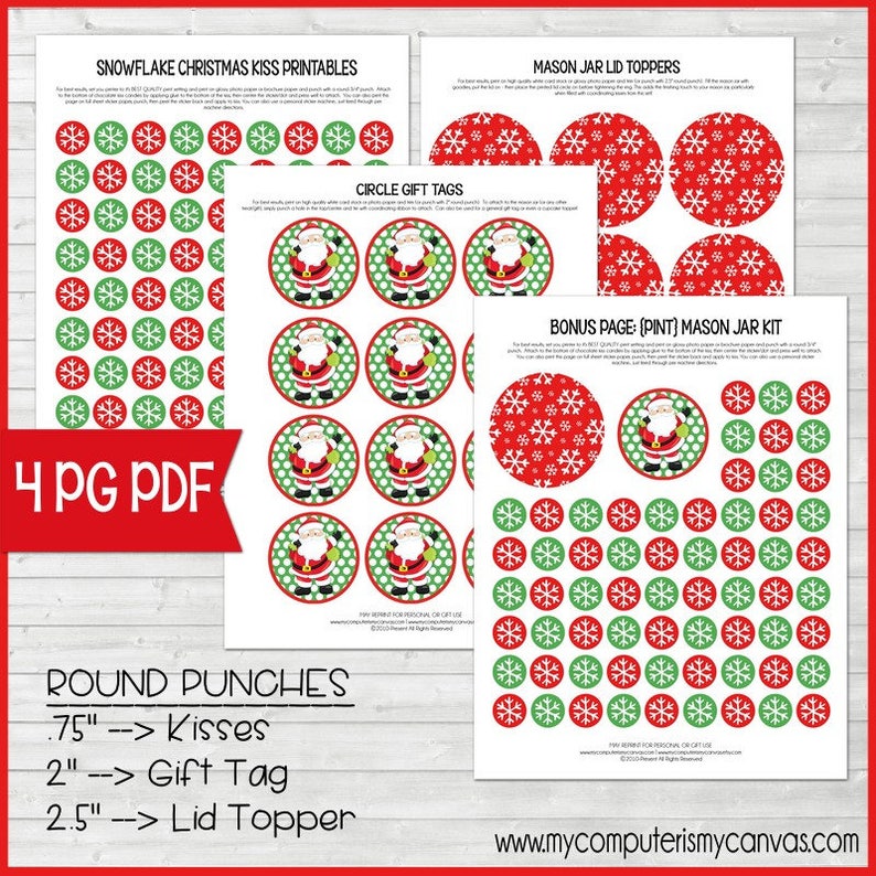 SNOWFLAKE Kiss Printables, Santa Gift Tag, Mason Jar Lid Topper GIFT SET, Christmas Printables, Gift Idea Printable Instant Download image 2