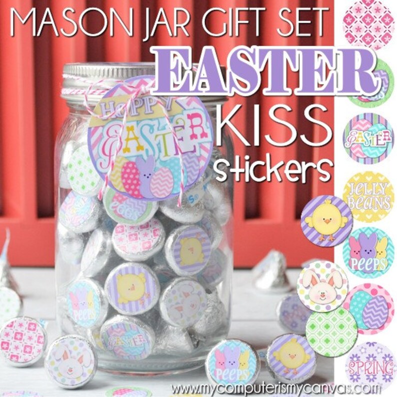 EASTER Chocolate KISS, Mason Jar Tag & Topper, Bunny Printable Kiss Stickers Instant Download image 1