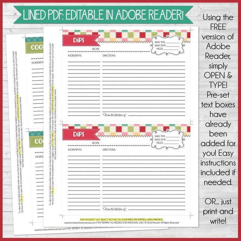 EDITABLE Red 5x7 Recipe Card Printables Recipe Book Recipe | Etsy