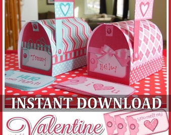 Valentine Mailboxes with Love Note Cards, Mini-Mailbox Template - Printable INSTANT DOWNLOAD