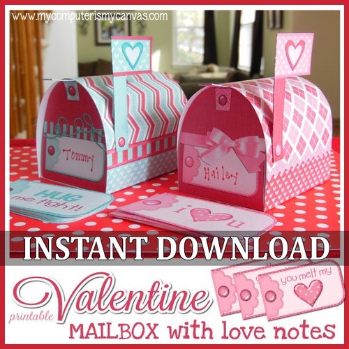 Valentine Mailboxes with Love Note Cards, Mini-Mailbox Template - Printable INSTANT DOWNLOAD