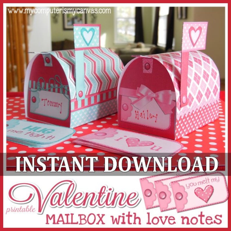 Valentine Mailboxes with Love Note Cards, Mini-Mailbox Template Printable INSTANT DOWNLOAD image 1