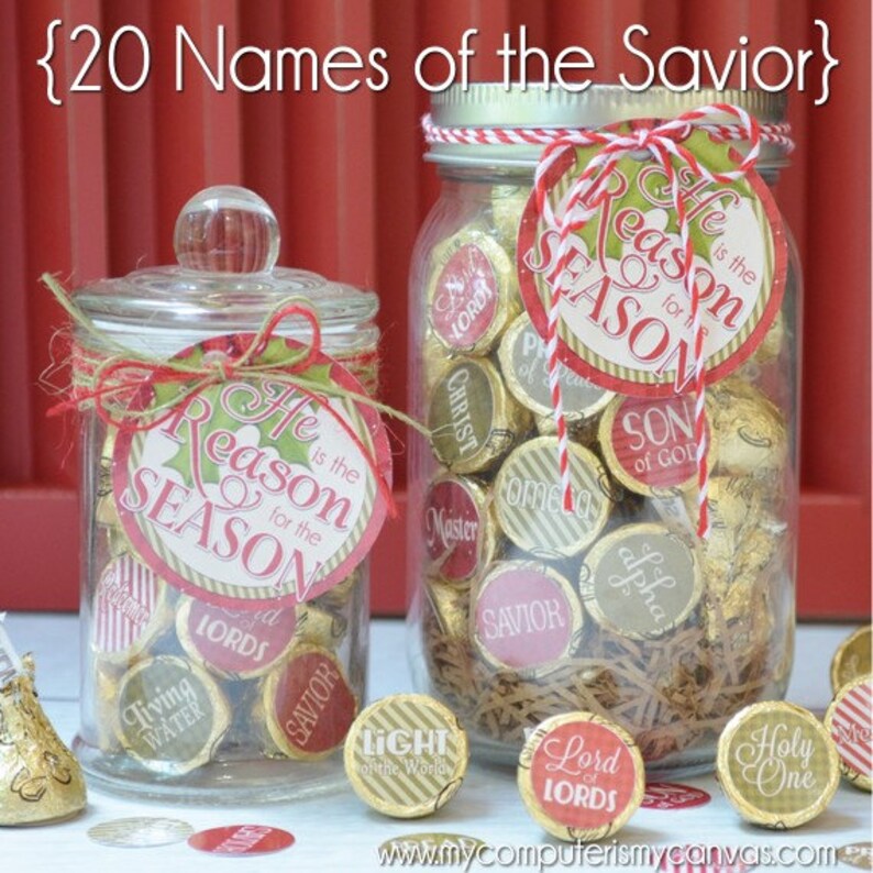 CHRISTMAS NATIVITY Chocolate KISS Mason Jar Gift Set with Tag & Topper, Names of the Savior Printable Kiss Stickers Instant Download image 2