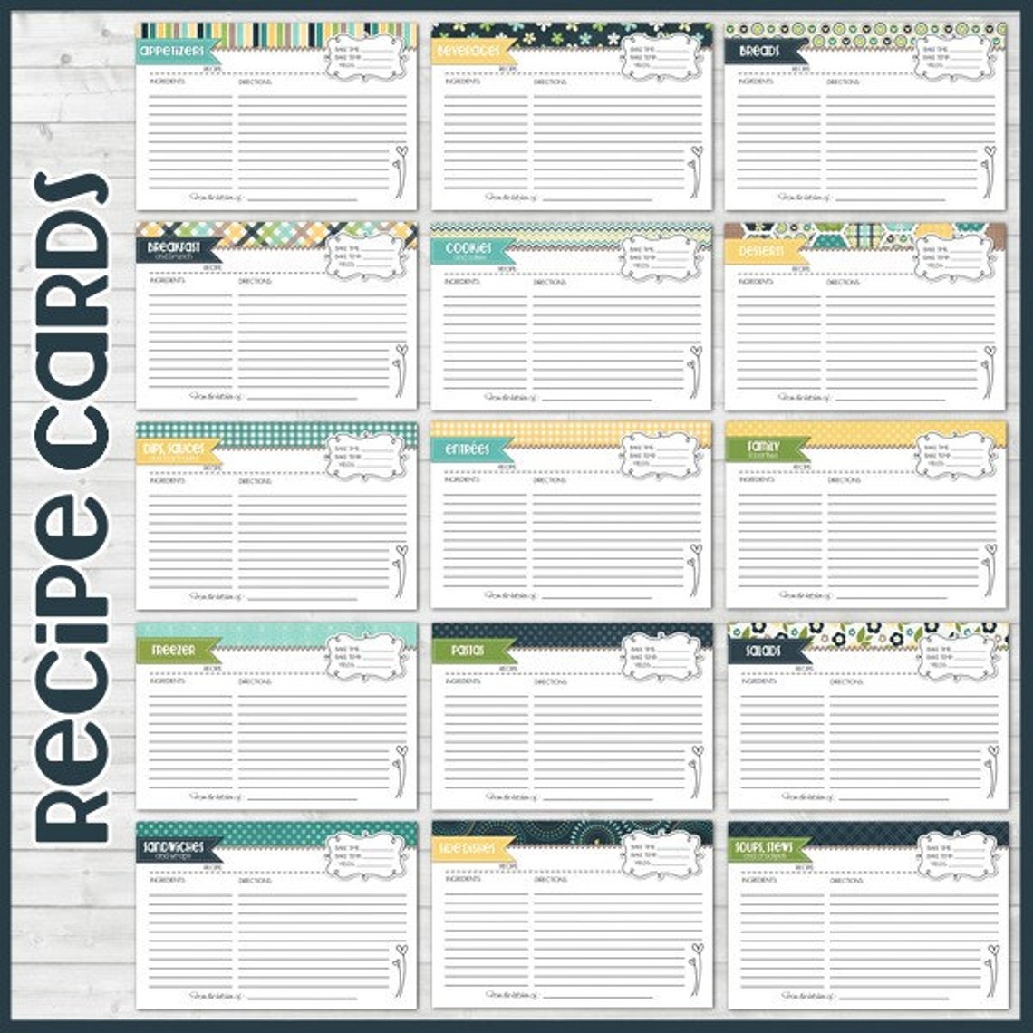 Printable RECIPE CARDS Navy 5x7 Recipe Card Kit Recipe Etsy