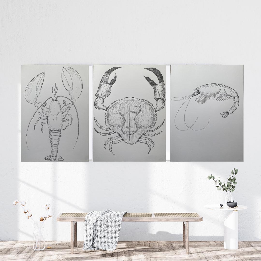 Set of 3 Hand-Drawn Ocean Ink Prints – Crab, Shrimp & Lobster – Coastal Wall Art – Fineliner Illustration on A4 Acid-Free 220 g/m Paper
