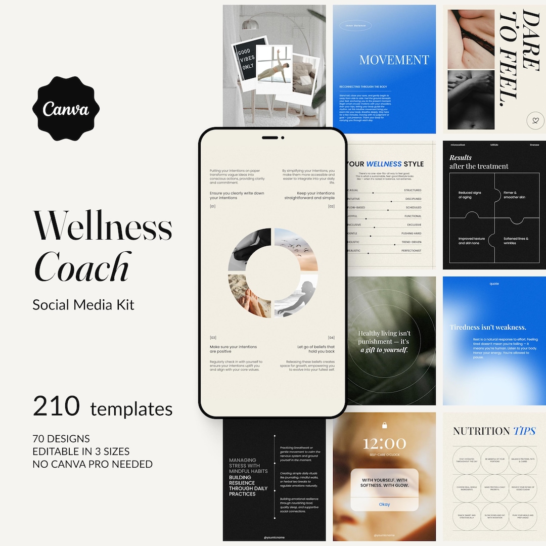 Wellness Instagram Templates: Canva Kit for Coaches (PDF Download, 70 ...