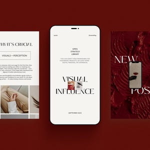 May include: Three smartphone mockups on a burgundy background. The phones display text and graphics related to visual influence and strategy. One mockup reads "WHY IT'S CRUCIAL" and "VISUALS = PERCEPTION". Another says "VISUAL INFLUENCE". The third says "NEW POST".