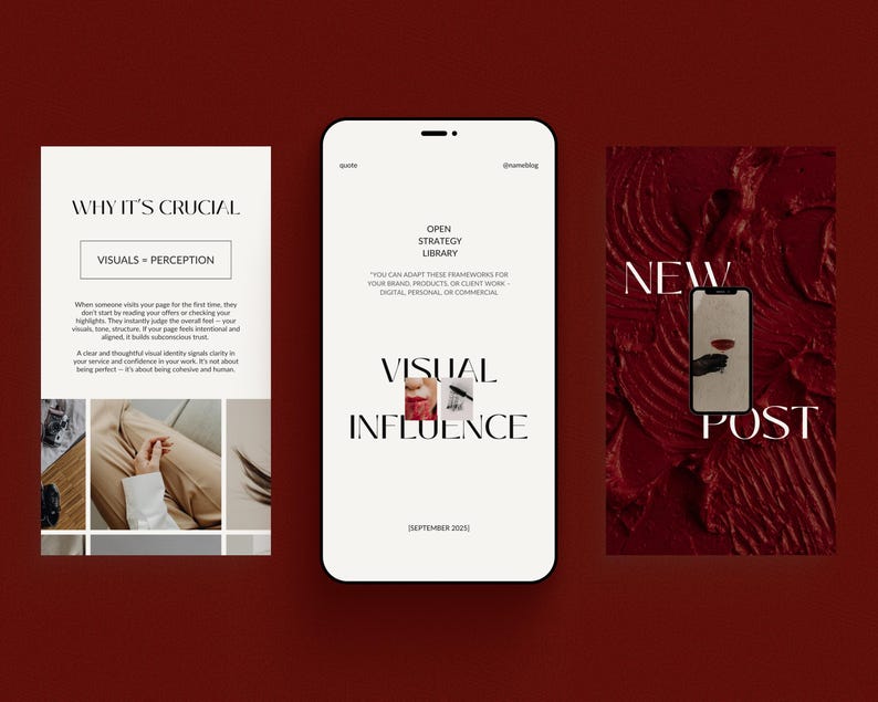 May include: Three smartphone mockups on a burgundy background. The phones display text and graphics related to visual influence and strategy. One mockup reads "WHY IT'S CRUCIAL" and "VISUALS = PERCEPTION". Another says "VISUAL INFLUENCE". The third says "NEW POST".