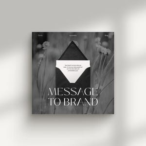 May include: Black and white graphic design featuring an open envelope with a message inside. The text "MESSAGE TO BRAND" is prominently displayed below the envelope. The background shows a blurred image of tall grass and flowers.