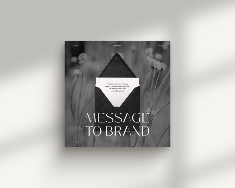 May include: Black and white graphic design featuring an open envelope with a message inside. The text "MESSAGE TO BRAND" is prominently displayed below the envelope. The background shows a blurred image of tall grass and flowers.