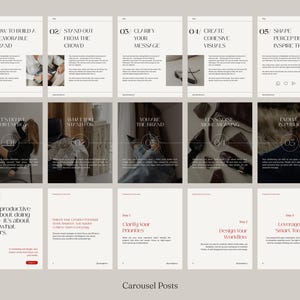 May include: A series of beige and white carousel posts with text and images. The posts cover topics like building a memorable brand, clarifying your message, and creating visuals. The bottom of the image reads "Carousel Posts."