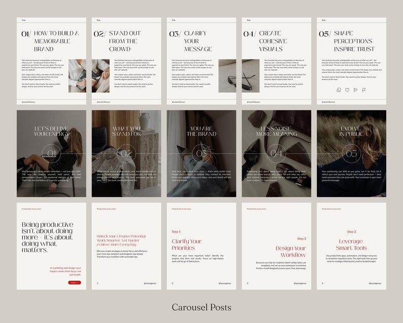 May include: A series of beige and white carousel posts with text and images. The posts cover topics like building a memorable brand, clarifying your message, and creating visuals. The bottom of the image reads "Carousel Posts."