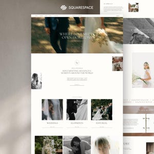 Könnte beinhalten: Webdesign mit Hochzeitsfotografie-Thema. Die Seite zeigt Bilder von Paaren, Hochzeitsdetails und den Text "WHERE LOVE MEETS OPEN HORIZONS". Das Squarespace-Logo ist oben links sichtbar.