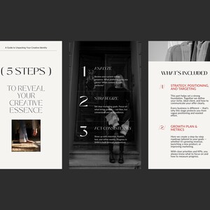 May include: A triptych of informational pages with a minimalist design. The left panel reads "(5 STEPS) TO REVEAL YOUR CREATIVE ESSENCE." The center panel lists steps 1-3. The right panel details "WHAT'S INCLUDED" with sections on strategy and growth.
