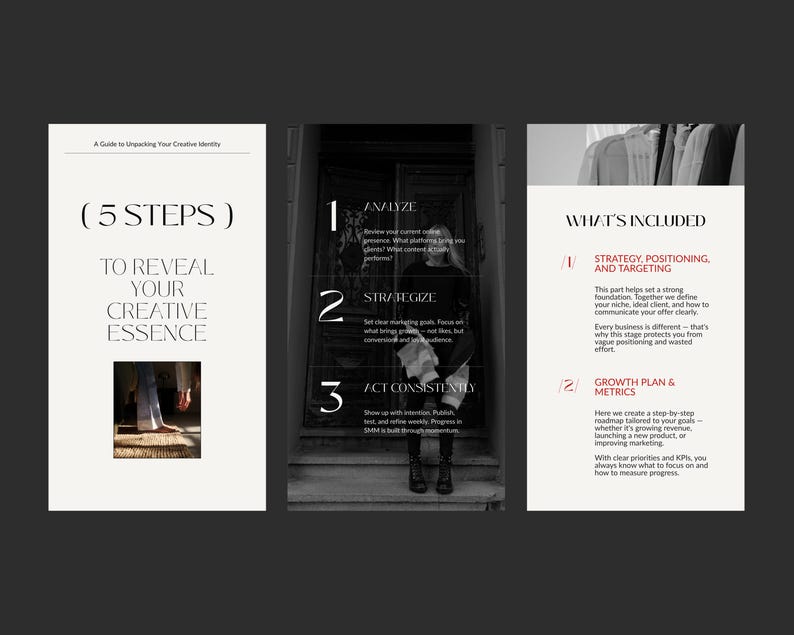 May include: A triptych of informational pages with a minimalist design. The left panel reads "(5 STEPS) TO REVEAL YOUR CREATIVE ESSENCE." The center panel lists steps 1-3. The right panel details "WHAT'S INCLUDED" with sections on strategy and growth.