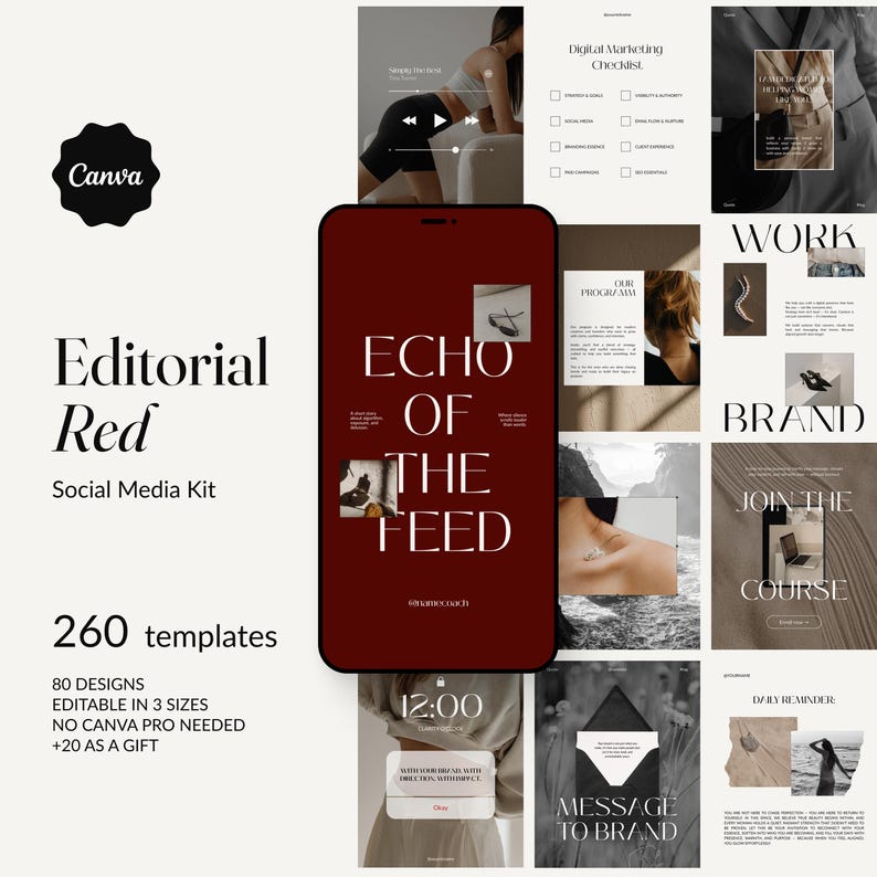 Red Editorial Instagram Templates | Luxury Canva Social Media Kit | Fashion & Course Creator Content Bundle image 1