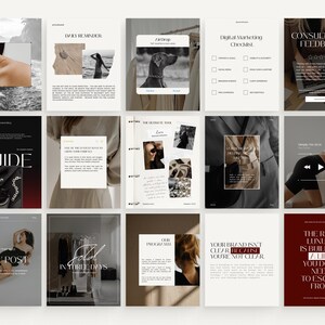May include: A collection of digital marketing and lifestyle-themed graphics. The images include text such as "Guide", "New Post", "Sold in Three Days", and "Your Brand Isn't Clear Because You're Not Clear". The color palette is neutral with accents of black and burgundy.