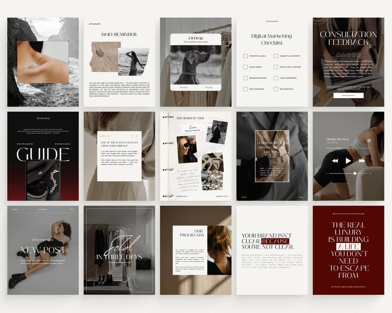 May include: A collection of digital marketing and lifestyle-themed graphics. The images include text such as "Guide", "New Post", "Sold in Three Days", and "Your Brand Isn't Clear Because You're Not Clear". The color palette is neutral with accents of black and burgundy.