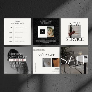 May include: A collection of six square images with text and design elements. The images feature phrases like "Why Choose Me?", "A Quiet Kind of Power", "New Service", "I Believe in My Power to Create Anything I Desire", "Soft Power", and "Sale".