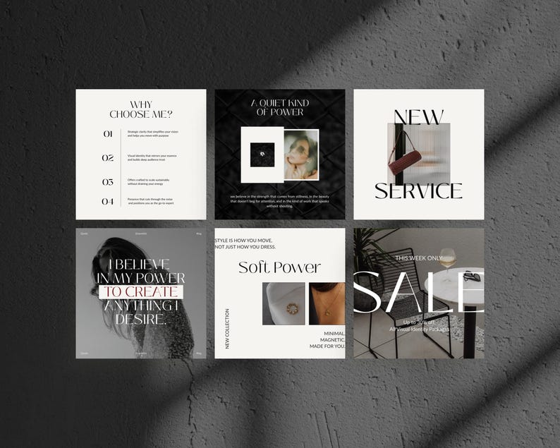 May include: A collection of six square images with text and design elements. The images feature phrases like "Why Choose Me?", "A Quiet Kind of Power", "New Service", "I Believe in My Power to Create Anything I Desire", "Soft Power", and "Sale".