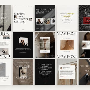 May include: A collection of social media templates with a minimalist aesthetic. The designs feature text overlays like "NEW POST," "WORK," and "BRAND," along with images and quotes. The color palette is neutral, with shades of white, black, and beige.