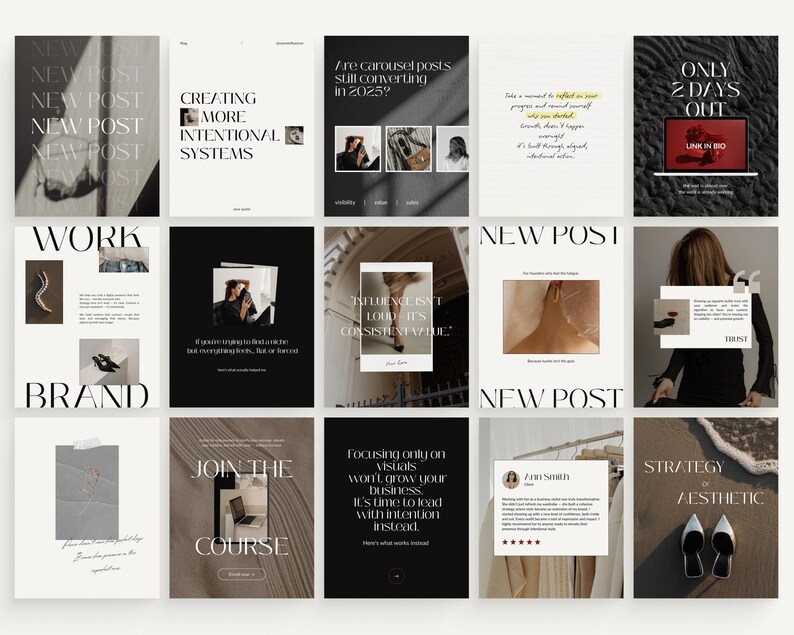 May include: A collection of social media templates with a minimalist aesthetic. The designs feature text overlays like "NEW POST," "WORK," and "BRAND," along with images and quotes. The color palette is neutral, with shades of white, black, and beige.