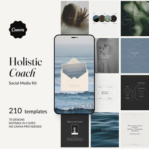 May include: A digital marketing kit for a holistic coach, featuring a smartphone displaying a card with the text "crystal peace for mindful souls" inside an envelope. The kit includes 210 templates, 70 designs, and is editable in 3 sizes.