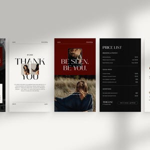 May include: A series of minimalist design templates with text and images. The templates include a price list, a thank you note, and the phrase "Be Seen. Be You." The color palette is primarily black, white, and burgundy.