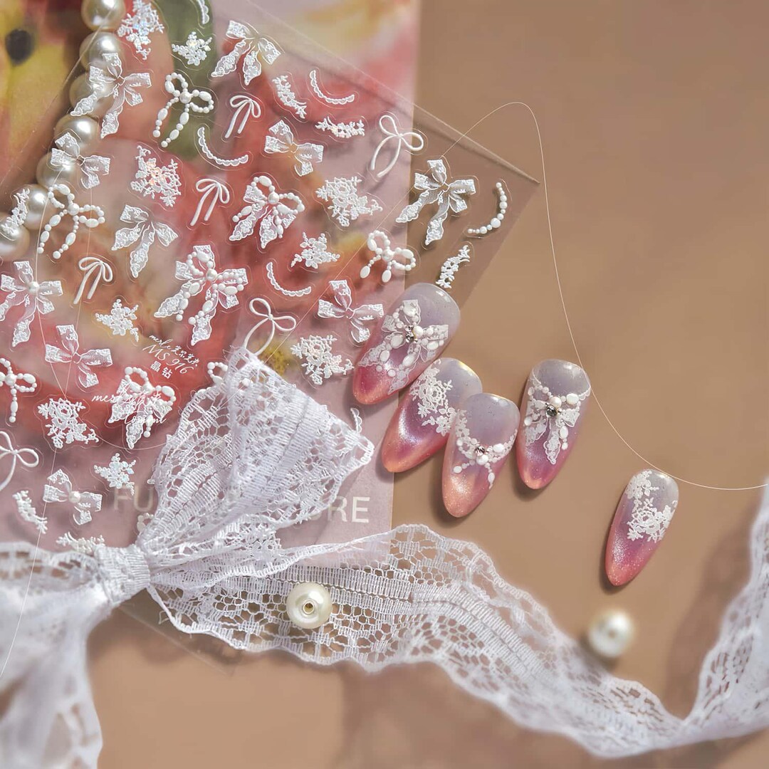 White Bow Stylish Nail,cute Character Stickers Cute Flower Nails ...