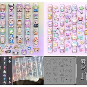 Puede incluir: Una colección de suministros para arte de uñas con varios diseños. La imagen incluye filas de arte de uñas de personajes de dibujos animados, arte de uñas con temática de Hello Kitty, joyas, moldes para arte de resina y moldes con forma de mariposa.