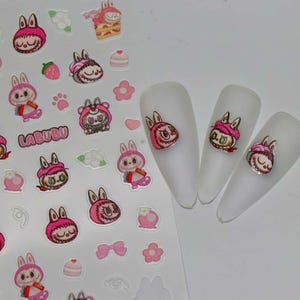 Pegatinas de uñas con personajes lindos, lindas uñas Labu, diseños de uñas coreanos, calcomanías de uñas Labu 3D, diseños de uñas kawaii, arte de uñas de dibujos animados kawaii
