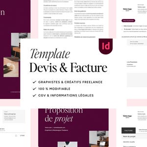 Könnte beinhalten: Eine digitale Vorlage für Rechnungen und Projektangebote. Das Design verfügt über ein tiefes Burgunderfarbschema mit weißem Text und grafischen Elementen. Die Vorlage enthält Abschnitte für Projektdetails, Kundeninformationen und rechtliche Informationen. Der Text enthält "Template Devis & Facture".