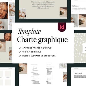 Peut inclure: Un modèle de mise en page intitulé "Template Charte graphique" en noir. La conception comprend des images de produits de beauté et une personne. Le texte comprend "47 PAGES PRÊTES À L'EMPLOI", "100% MODIFIABLE" et "DESIGN ÉLÉGANT ET STRUCTURE".