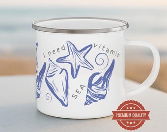 Tazza da campeggio in smalto Vitamin Sea: design con conchiglie blu, tazza da caffè in stile costiero