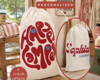 Personalized Camp Laundry Bag, Happy Camper Custom Name Sack, Sleepaway Cabin Gift