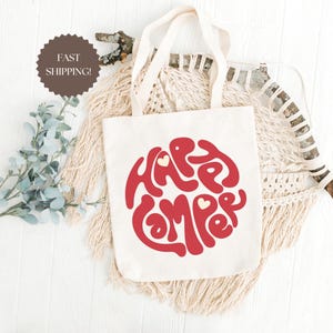 Happy Camper Travel Tote Bag – Camping Bag – Festival, Road Trip, Van Life, Outdoor Adventure Canvas Bag, Eco Friendly Tote Bag
