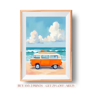 Retro Camper Wall Art, Beach Camper Van Print, Van Life Gift, Printable Travel Poster, Van Beach Art, Vintage Coastal Boho Digital Download