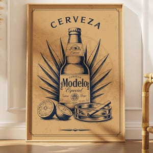 May include: A rectangular poster featuring a vintage-style illustration of a Modelo Especial beer bottle centered in front of agave leaves. Below the bottle are two lime halves and a glass ashtray with a cigarette. The text reads CERVEZA.