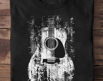 Camiseta vintage de guitarra acústica con diseño desgastado de rock and roll, ideal para amantes de la guitarra, ideal como regalo para guitarristas, bandas de rock y guitarristas.