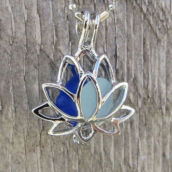 Mixed Sea Glass Lotus Locket Necklace by Wave of Life