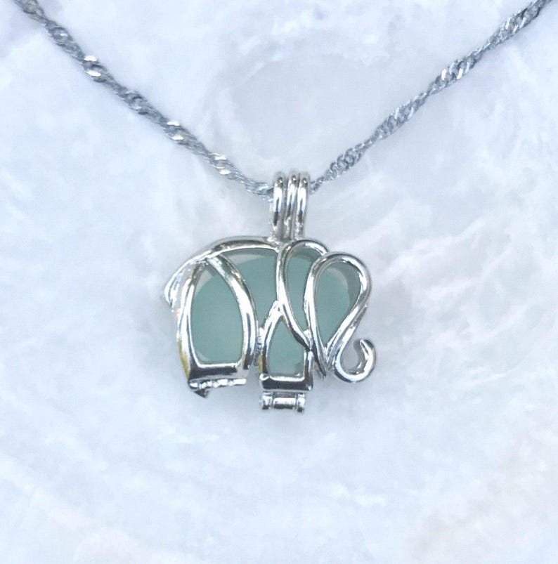 Aqua Sea Glass Elephant Necklace Locket Frosted Pale by Wave of Life\u2122