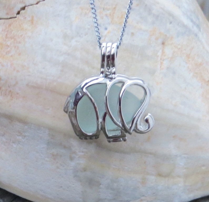 Aqua Sea Glass Elephant Necklace Locket Frosted Pale by Wave of Life\u2122