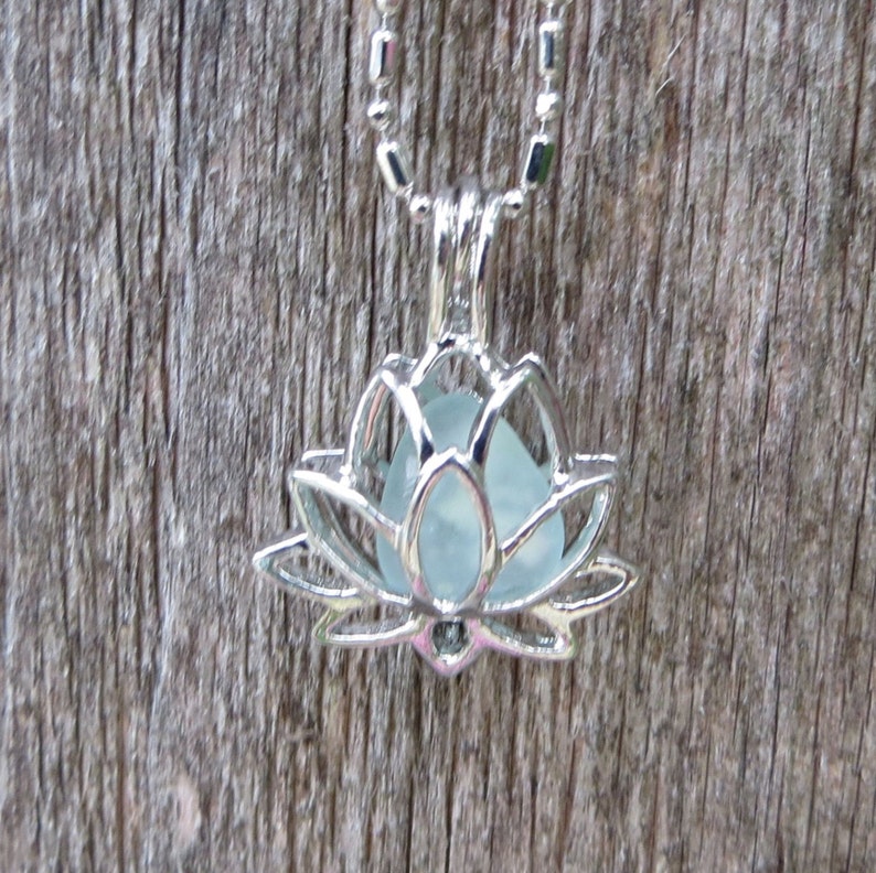 Necklace Sea Glass Lotus Flower Yoga Jewelry Water Lilly Locket Pale Aqua by Wave of LIfe™ 