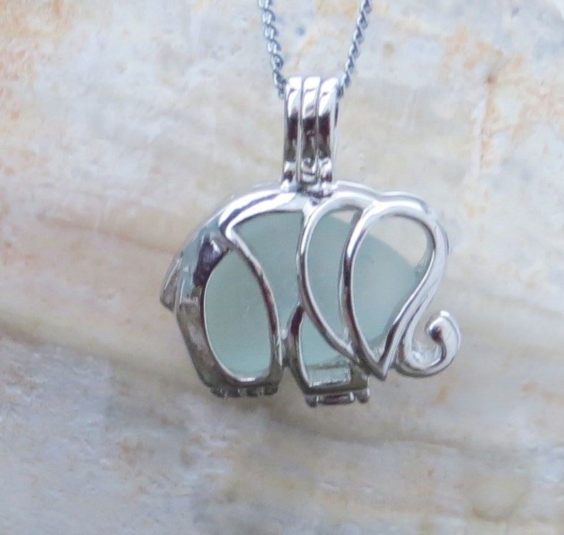 Aqua Sea Glass Elephant Necklace Locket Frosted Pale by Wave of Life\u2122