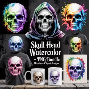 Colorful Skull Head Watercolor PNG Bundle with 20 Unique Clipart Designs for Sublimation Gothic Stickers Tumbler or Mug Printing